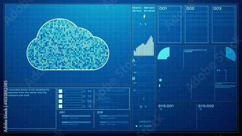 Blue digital cloud computing dashboard displaying data analytics, charts, system metrics, and information graphics, highlighting technology and cloud computing concepts. Animation 4k