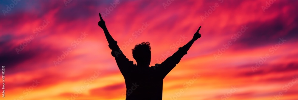 Silhouette of a person with arms raised high, celebrating against a vibrant sunset background, symbolizing success, hope, achievement, freedom, and joy. Silhouette of a person with arms raised high, celebrating against a vibrant sunset background, symbolizing success, hope, achievement, freedom, and joy.