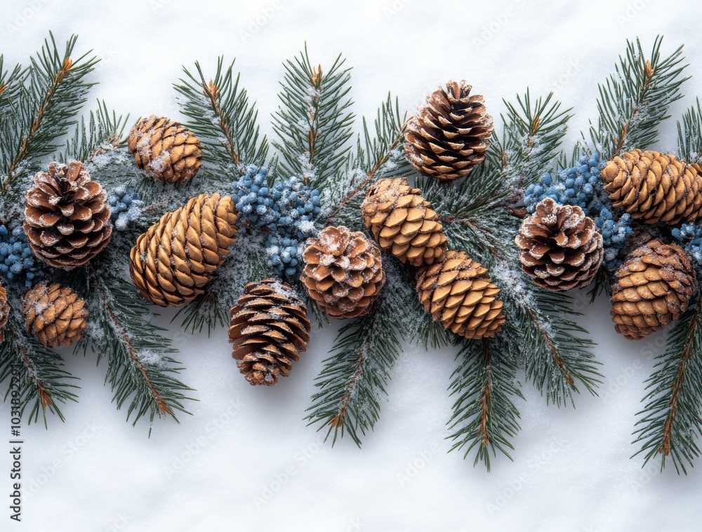 White background with cones and branches of pine trees on snow White background with cones and branches of pine trees on snow