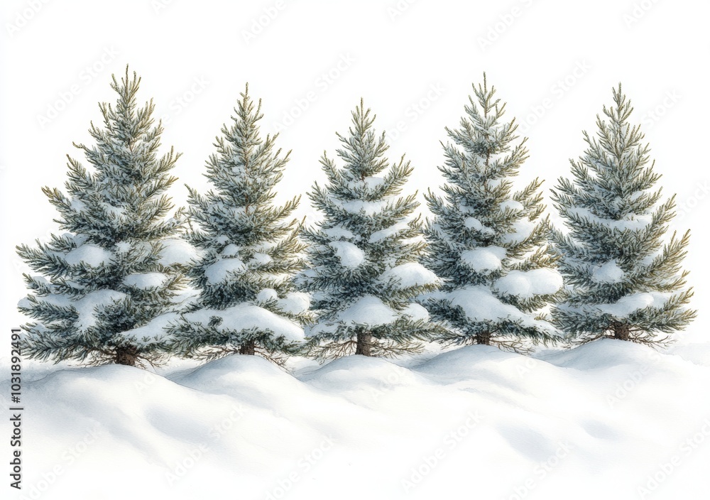 Obraz premium Isolated on white background, watercolor illustration of winter forest and Christmas fir tree