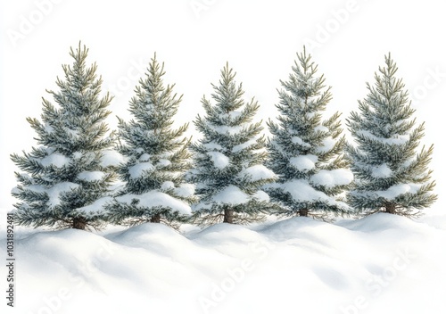 Isolated on white background, watercolor illustration of winter forest and Christmas fir tree