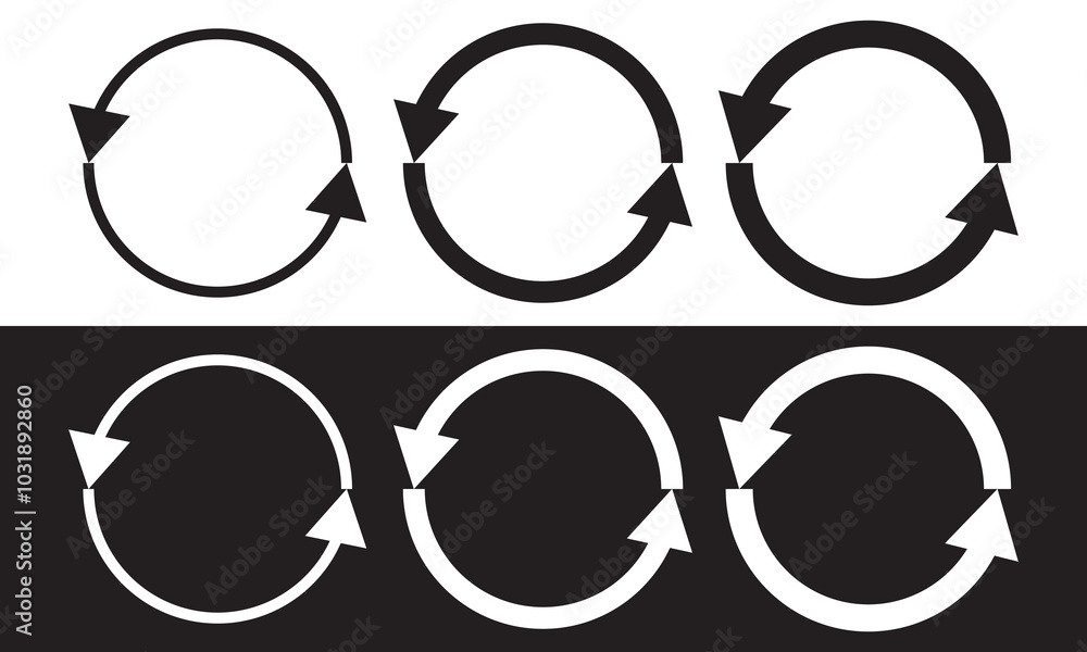 Two semicircular arrows rotate 360 degrees. Following each other in a circle. isolated on white and black background. Vector illustration. EPS 10 Two semicircular arrows rotate 360 degrees. Following each other in a circle. isolated on white and black background. Vector illustration. EPS 10