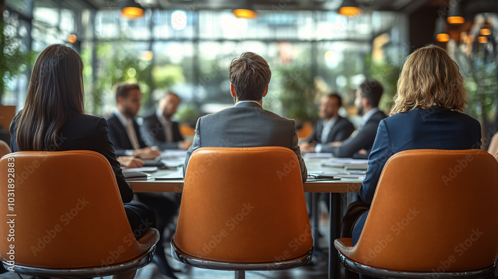 A group of professionals seated around a large table in a modern boardroom. The room is filled with natural light, with blurred figures in the background A group of professionals seated around a large table in a modern boardroom. The room is filled with natural light, with blurred figures in the background