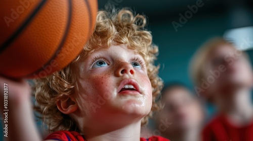 A small boy with curly hair gazingly looks upward with wonder and curiosity, holding a basketball indoors among peers in a basketball court setting. photo