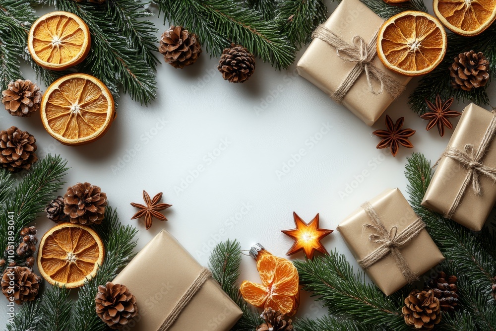 An illustration with a Christmas gift in craft paper, dried orange and mandarin, anise stars, cinnamon, pine cones and fir branches on a white background in a flat lay, top view with a frame and copy An illustration with a Christmas gift in craft paper, dried orange and mandarin, anise stars, cinnamon, pine cones and fir branches on a white background in a flat lay, top view with a frame and copy