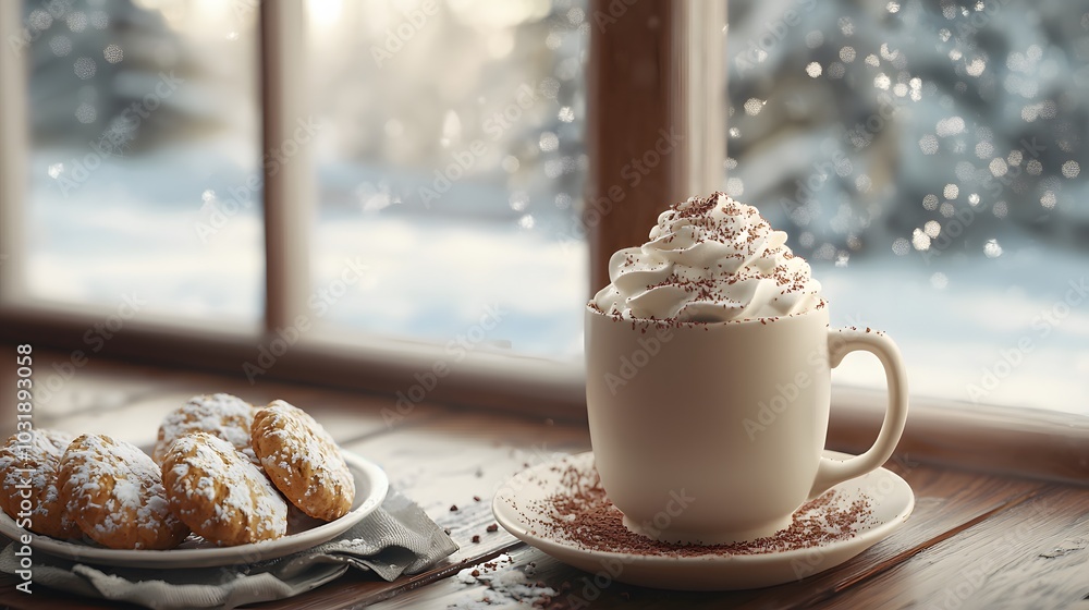 Hot Chocolate and Cookies by the Window on a Snowy Day. Hot Chocolate and Cookies by the Window on a Snowy Day.