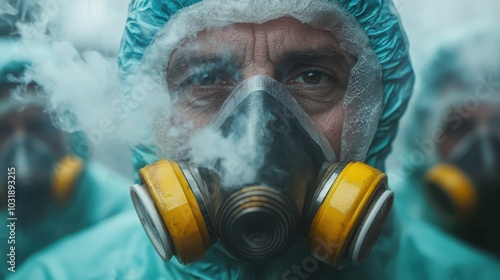 Person wearing a green hazmat suit and a gas mask exuding a sense of urgency and caution, amidst thick swirling vapor in a vivid, modern setting. photo