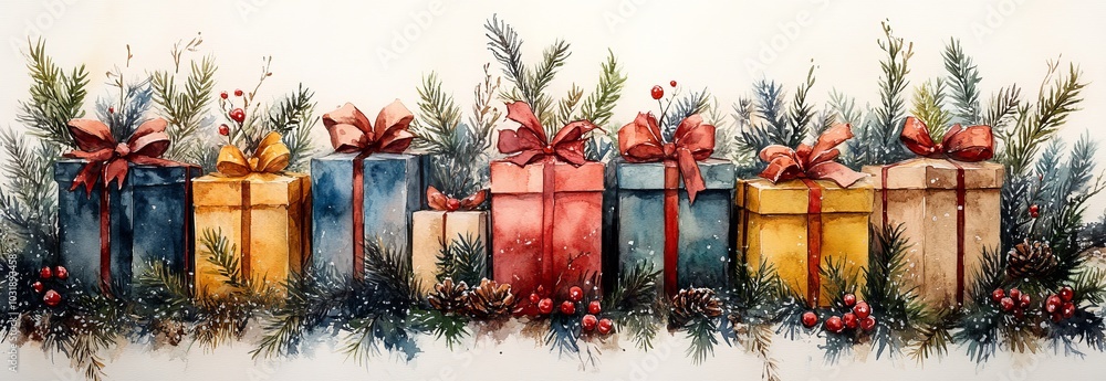 Fototapeta premium The perfect design, print, or background for any Christmas project. Watercolor Christmas Illustration with gift boxes.