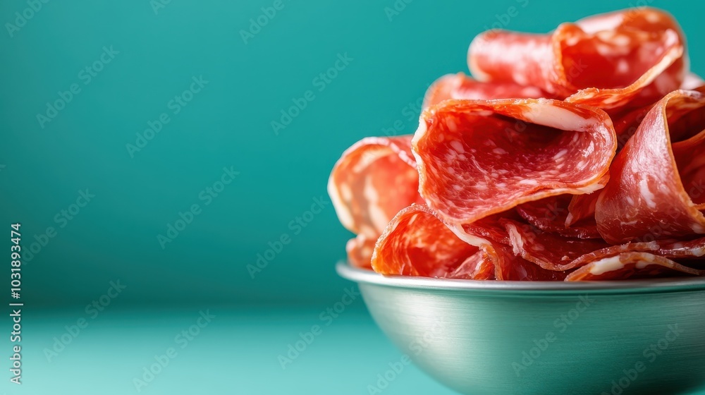 A close-up of thinly sliced cured meat stacked in a bowl, accentuating its rich texture and vibrant red colors against a clean teal background. A close-up of thinly sliced cured meat stacked in a bowl, accentuating its rich texture and vibrant red colors against a clean teal background.