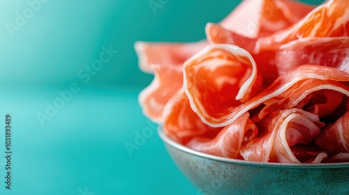 An artistic shot depicting tasty prosciutto slices in a metallic bowl, showcasing their delicate patterns with a teal background setting the vibrant contrast. photo