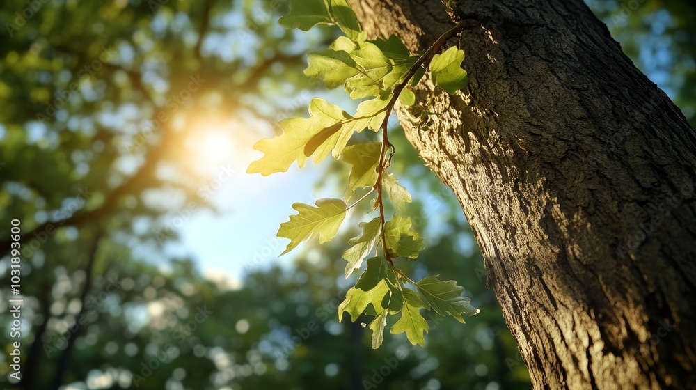 Fototapeta premium Sturdy Oak: A Symbol of Strength and Resilience. This image captures the enduring nature of a mature oak tree, its strong bark, and vibrant leaves symbolizing resilience, growth, and stability.