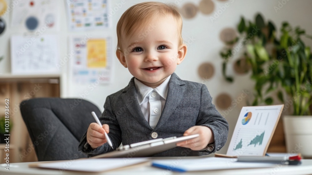 toddler wearing a business suit, holding a clipboard and sitting at a small desk with toy laptops and charts toddler wearing a business suit, holding a clipboard and sitting at a small desk with toy laptops and charts