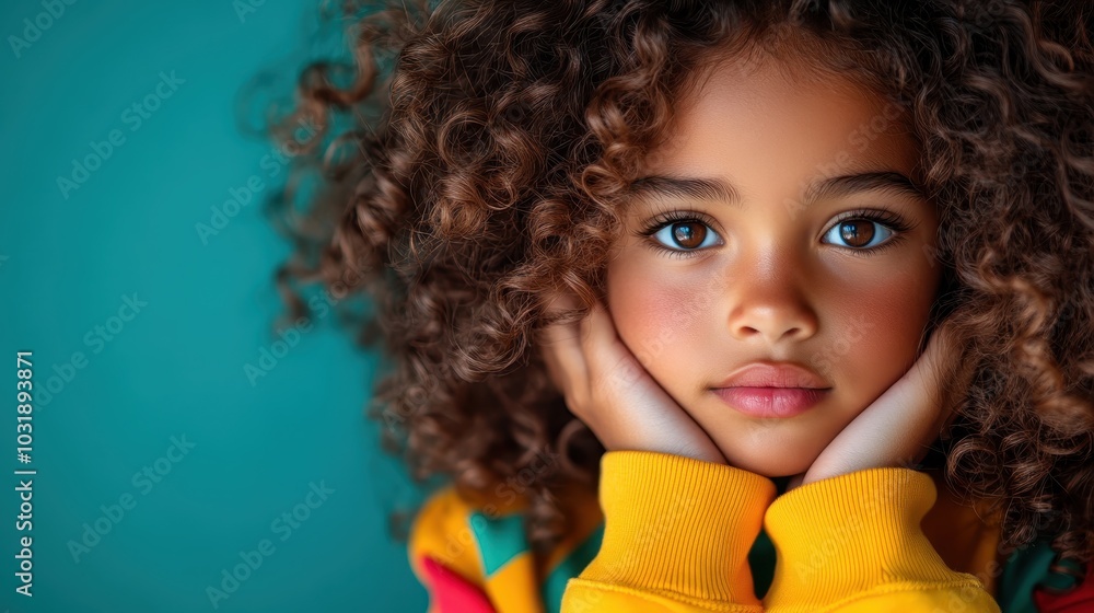 A young child with voluminous curls rests their chin on their hands, gazing thoughtfully, set against a vibrant teal background in a warm yellow sweater. A young child with voluminous curls rests their chin on their hands, gazing thoughtfully, set against a vibrant teal background in a warm yellow sweater.