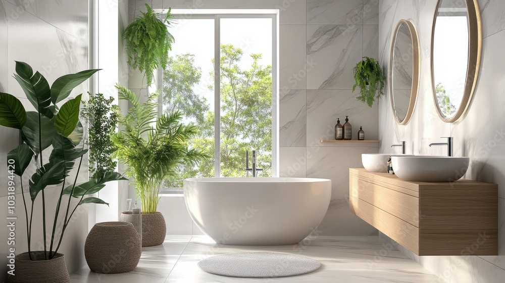 Fototapeta premium A bright and modern bathroom in a small home, showcasing elegant fixtures, soothing colors, and decorative plants adding a touch of nature to the space
