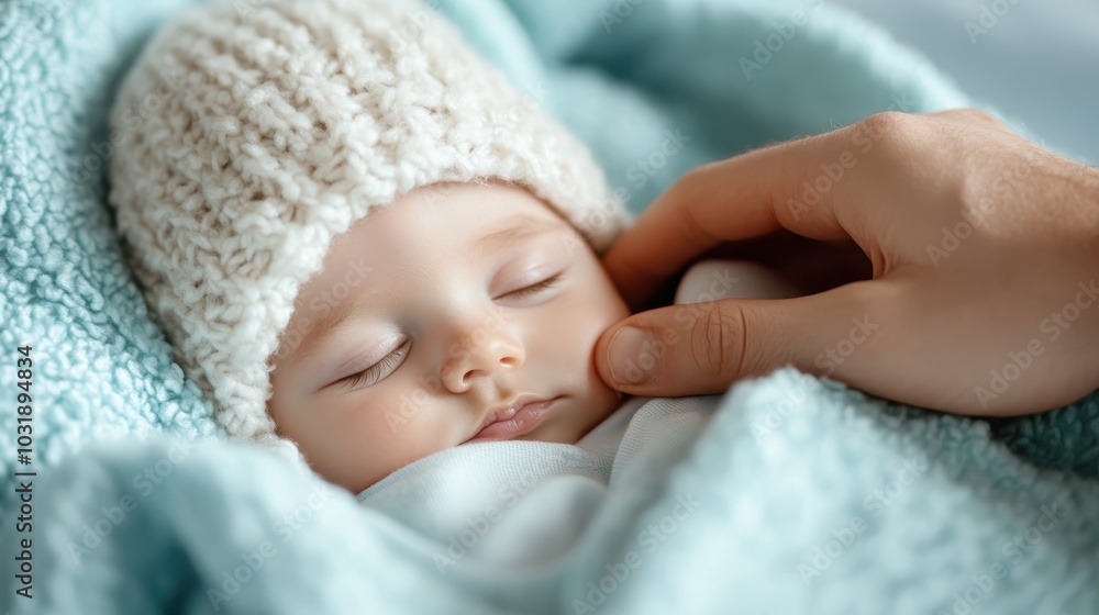 A tranquil depiction of a baby sleeping peacefully, enveloped in soft blankets with a hand gently resting nearby, highlighting a calming sense of security. A tranquil depiction of a baby sleeping peacefully, enveloped in soft blankets with a hand gently resting nearby, highlighting a calming sense of security.