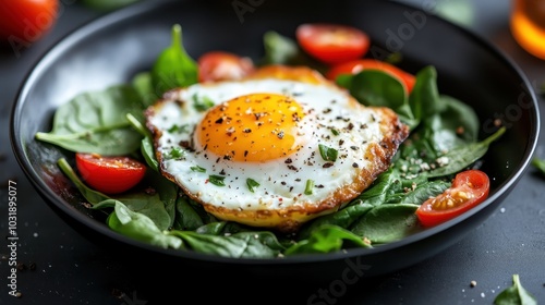 A yummy sunny-side egg resting on a bed of fresh spinach and cherry tomatoes, seasoned and ready for a delightful breakfast, ideal for food photography enthusiasts.