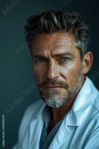 Portrait of a confident and experienced male doctor with grey hair and beard wearing a lab coat