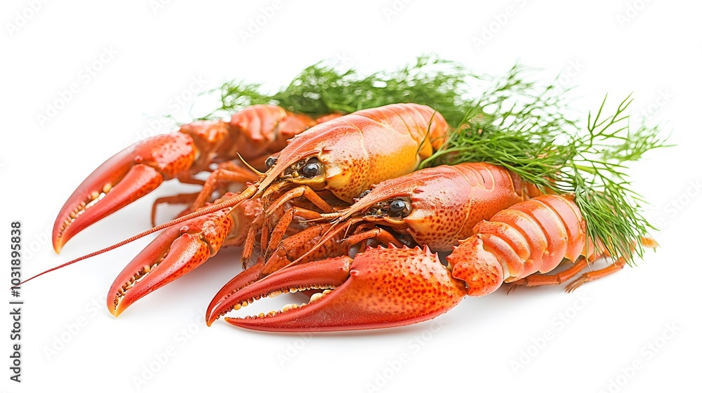 Boiled crayfish with dill isolated on white background. Boiled crayfish with dill isolated on white background.