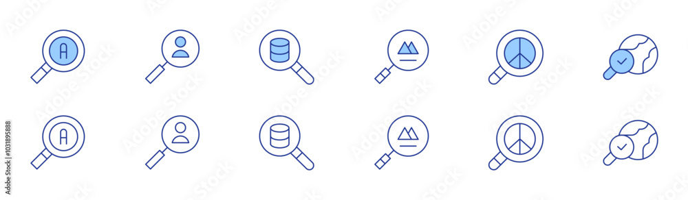 Search icon set in two styles, Duotone and Thin Line style. Editable stroke. search, advanced search, job search Search icon set in two styles, Duotone and Thin Line style. Editable stroke. search, advanced search, job search