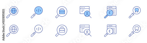 Search icon set in two styles, Duotone and Thin Line style. Editable stroke. online recruitment, search, analysis, job search