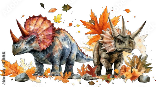 Collection of PNG. Dinosaurs watercolor painting. Triceratops, stegosaurus, ankylosaurus, isolated on a transparency background.