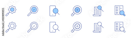 Search icon set in two styles, Duotone and Thin Line style. Editable stroke. search, gear, discovery, search survey