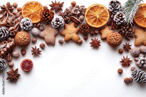 An image of homemade Christmas cookies on a white background, viewed from above