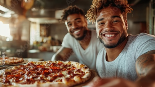 Two friends smile warmly at the camera as they enjoy a delicious pepperoni pizza in a cozy setting, encapsulating friendship and tasty culinary experiences.