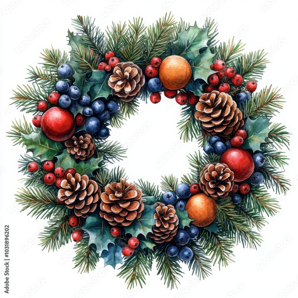 An illustrated watercolor Christmas wreath showing berries, pine cones, and tree branches. The fir border with eucalyptus leaves is isolated on white background. It can be used for design, print, or An illustrated watercolor Christmas wreath showing berries, pine cones, and tree branches. The fir border with eucalyptus leaves is isolated on white background. It can be used for design, print, or