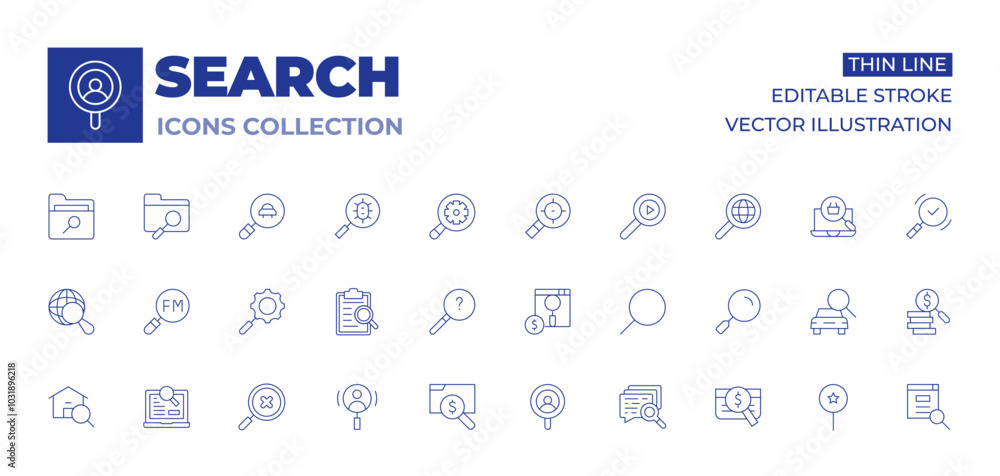 Search icons collection. Thin Line icons, editable stroke. gear, global, laptop, looking for answer, loupe, searching, paid search Search icons collection. Thin Line icons, editable stroke. gear, global, laptop, looking for answer, loupe, searching, paid search