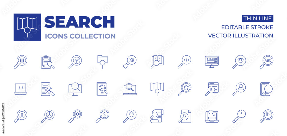 Search icons collection. Thin Line icons, editable stroke. recruitment, computer, searching, review, science, advanced, browser, browsing, audit Search icons collection. Thin Line icons, editable stroke. recruitment, computer, searching, review, science, advanced, browser, browsing, audit