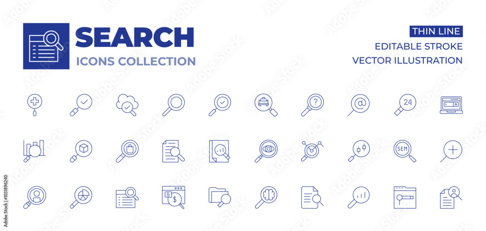 Search icons collection. Thin Line icons, editable stroke. job search, magnifying glass, search engine, search, searching car, information, paid search, health, magnifier Search icons collection. Thin Line icons, editable stroke. job search, magnifying glass, search engine, search, searching car, information, paid search, health, magnifier