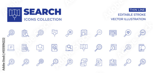 Search icons collection. Thin Line icons, editable stroke. recruitment, computer, searching, review, science, advanced, browser, browsing, audit