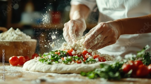 A chef skillfully adding fresh herbs and vegetables to a pizza base while flour flies around, capturing the essence of fresh culinary creativity in a lively kitchen. photo