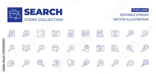 Search icons collection. Thin Line icons, editable stroke. search, data analytics, data searching, job search, mail, meta, no results, search survey