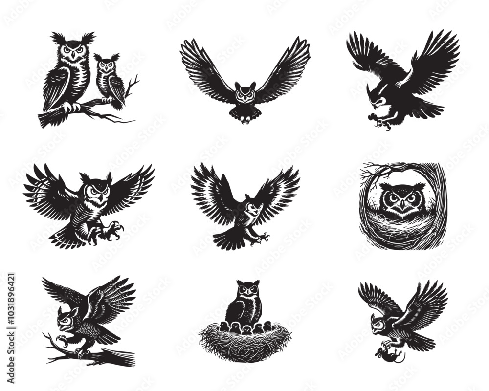 Fototapeta premium Collection of Great horned Owl Silhouette Design - Great horned Owl Vector illustration