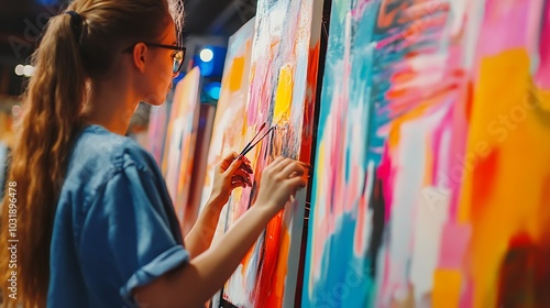 Young Woman Painting an Abstract Canvas