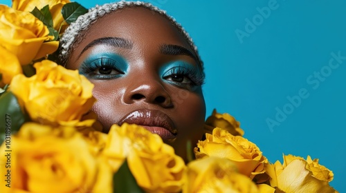 A striking portrait shows a woman adorned with vivid blue eyeshadow, surrounded by fresh, bright yellow roses against a bold blue background, creating vibrant contrast.