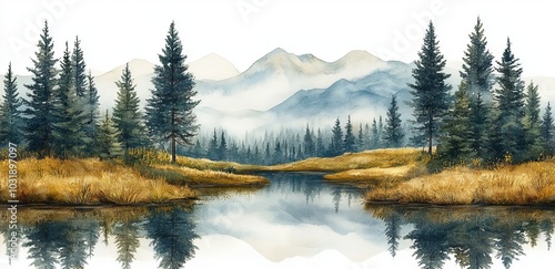 The ominous foggy forest and winter hill are set against a horizontal watercolor background showing wild nature, frozen, misty, taiga.