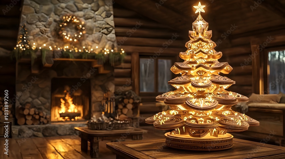 Wooden Christmas Tree in Cozy Cabin Interior. Wooden Christmas Tree in Cozy Cabin Interior.