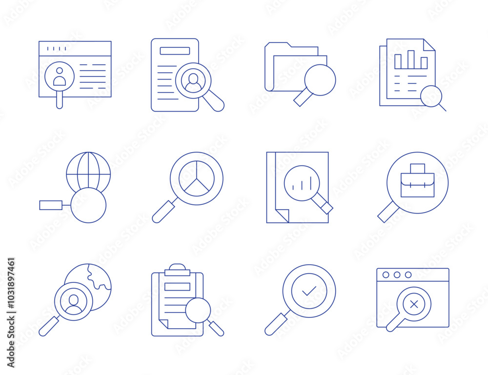 Search icons. Thin Line style, editable stroke. review, searching, audit, data analytics, job search, no results Search icons. Thin Line style, editable stroke. review, searching, audit, data analytics, job search, no results