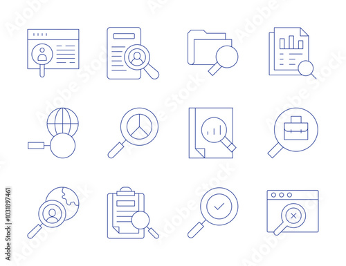 Search icons. Thin Line style, editable stroke. review, searching, audit, data analytics, job search, no results