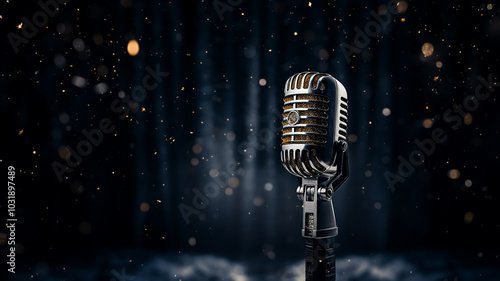 Silver microphone on a dark black background, musical sound equipment