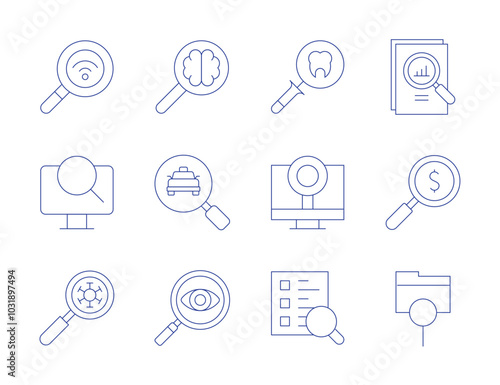 Search icons. Thin Line style, editable stroke. search, computer, analysis, searching car, searching, search survey