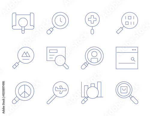 Search icons. Thin Line style, editable stroke. search flight, search, health, magnifier