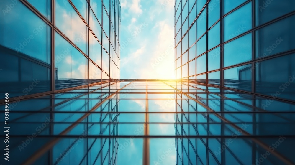 A modern architectural shot showcasing skyscrapers with glass facades reflecting the sky, capturing the essence of innovation and urban sophistication. A modern architectural shot showcasing skyscrapers with glass facades reflecting the sky, capturing the essence of innovation and urban sophistication.