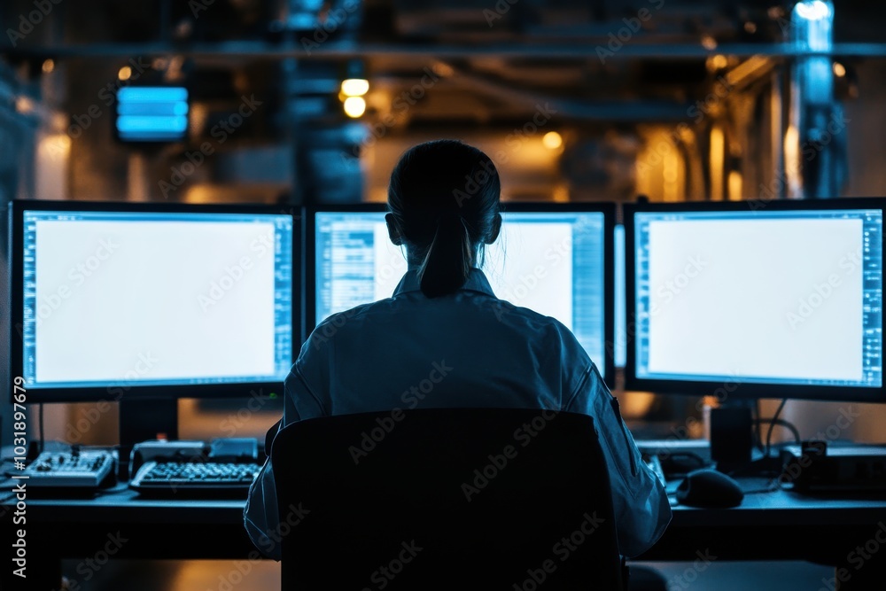 Cybersecurity specialist monitors screens in a secure operations center Cybersecurity specialist monitors screens in a secure operations center
