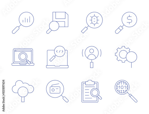 Search icons. Thin Line style, editable stroke. searching, search, analytics, code