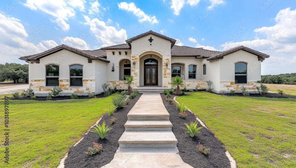 Beautiful home with a brown stone front porch and green grass, showcasing stained concrete stairs for a perfect exterior design Beautiful home with a brown stone front porch and green grass, showcasing stained concrete stairs for a perfect exterior design
