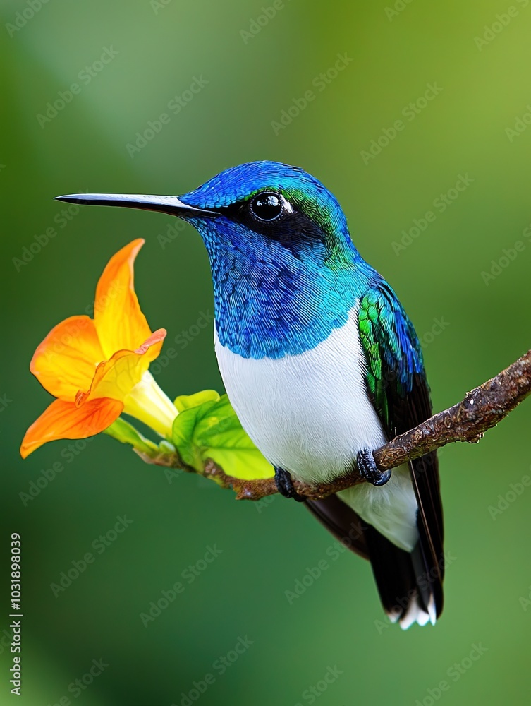 Fototapeta premium Beautiful hummingbird perching on branch in tropical forest